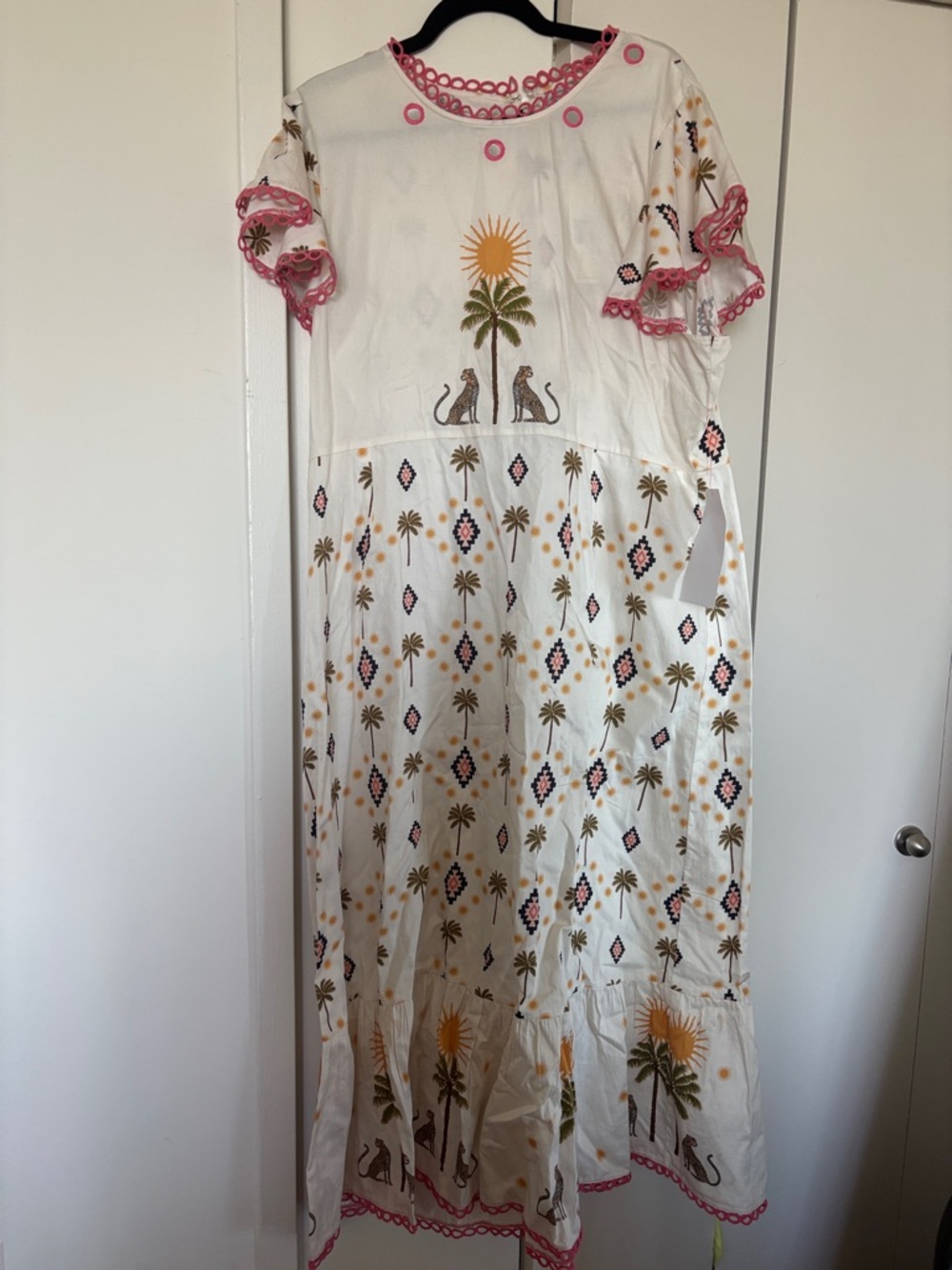 Never Fully Dressed White Maxi Dress with Pink Trim and Yellow/Green Motif